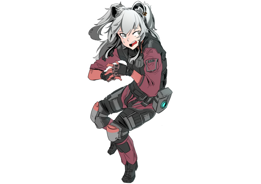 1girl absurdres animal_ear_fluff animal_ears cosplay fang fingerless_gloves floating gawuiiiaguiii gloves grey_eyes grey_hair hands_together highres hololive jack_cooper jack_cooper_(cosplay) lion_ears lion_girl open_mouth red_gloves scared shishiro_botan solo titanfall_(series) titanfall_2 virtual_youtuber white_background