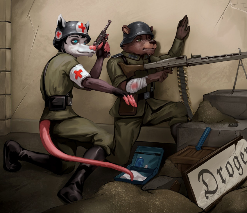 2020 ammo_belt anthro belt belt_pouch bipod blood blue_eyes bodily_fluids boots brown_body brown_fur brown_nose clothed clothing crate detailed_background didelphid duo eyebrows footwear fully_clothed fur german_text green_eyes gun handgun kneeling luger machine_gun male mammal marsupial medical mg42 military military_boots military_clothing military_helmet military_pants military_uniform nazi pimpartist pink_nose pistol ranged_weapon sand soldier text traditional_media_(artwork) uniform ursid warrior weapon white_body white_fur world_war_2 wounded