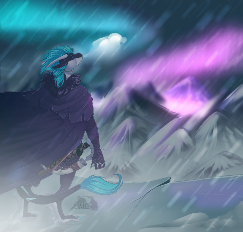 anthro armwear aurora_borealis axe background_sky black_body black_fur blue_body blue_eyes blue_fur blue_mane blue_markings butt clothing digitigrade dragon eclipse_dragon fur furred_dragon hi_res horn landscape looking_up male mane markings melee_weapon mountain multicolored_body multicolored_fur omez outside robe snow solo two_tone_body two_tone_fur weapon white_body white_fur