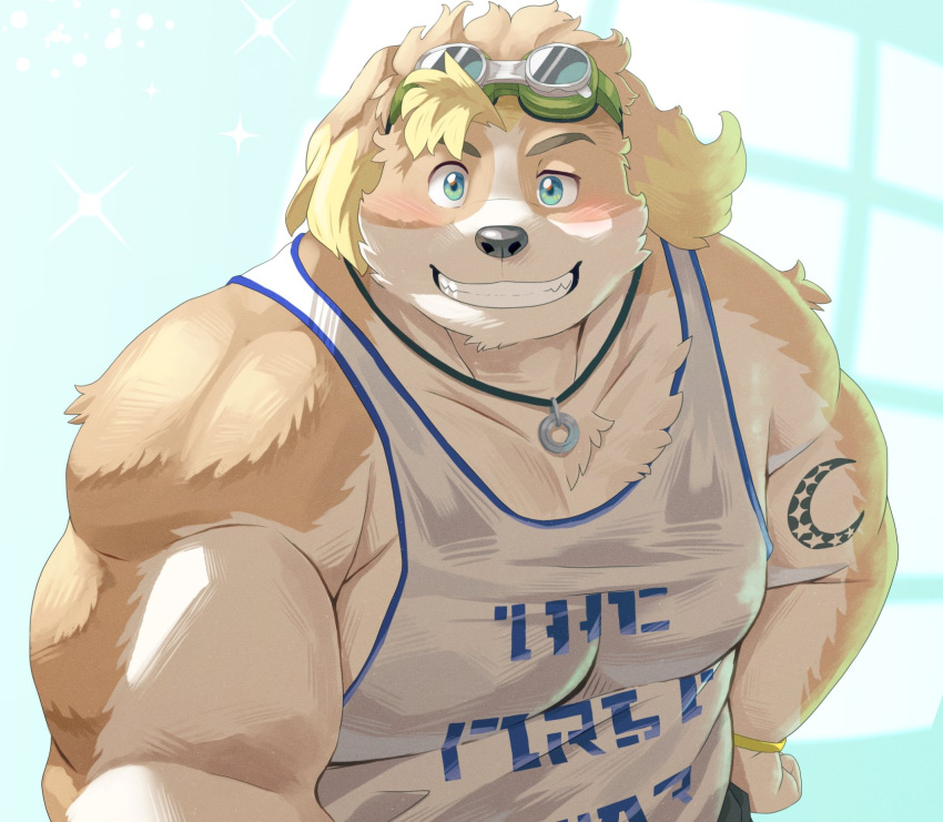 2021 anthro brown_body brown_fur canid canine canis clothing domestic_dog fur hi_res hisaki_(live-a-hero) kemono live-a-hero male mammal mti777 musclegut overweight overweight_anthro overweight_male shirt solo text text_on_clothing text_on_shirt text_on_topwear topwear video_games