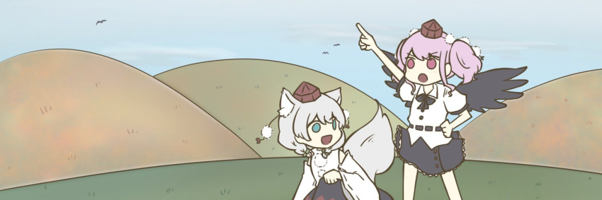 2girls :d animal_ears arm_up bang_dream! black_neckwear black_skirt blue_eyes blush braid commentary_request cosplay crossover day detached_sleeves feathered_wings grey_hair hand_on_hip hill inubashiri_momiji inubashiri_momiji_(cosplay) kneeling long_sleeves looking_at_another maruyama_aya multiple_girls neck_ribbon no_pupils open_mouth outdoors pink_eyes pink_hair ribbon shameimaru_aya shameimaru_aya_(cosplay) shimada_yuuka shirt short_sleeves short_twintails side_braid sidelocks skirt smile standing tail touhou twintails wakamiya_eve white_shirt wide_sleeves wings wolf_ears wolf_tail