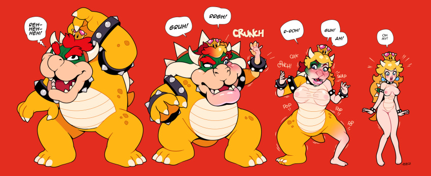 2021 animal_humanoid anthro anthro_to_humanoid blackshirtboy blonde_hair bowser bowsette_meme breast_growth breasts crown dialogue ear_piercing english_text female gender_transformation growth hair hi_res horn humanoid koopa koopa_humanoid male mario_bros meme mtf_transformation nintendo nipples open_mouth piercing princess_peach red_background red_hair scalie scalie_humanoid sequence shrinking simple_background size_transformation smile solo standing super_crown surprise text transformation video_games