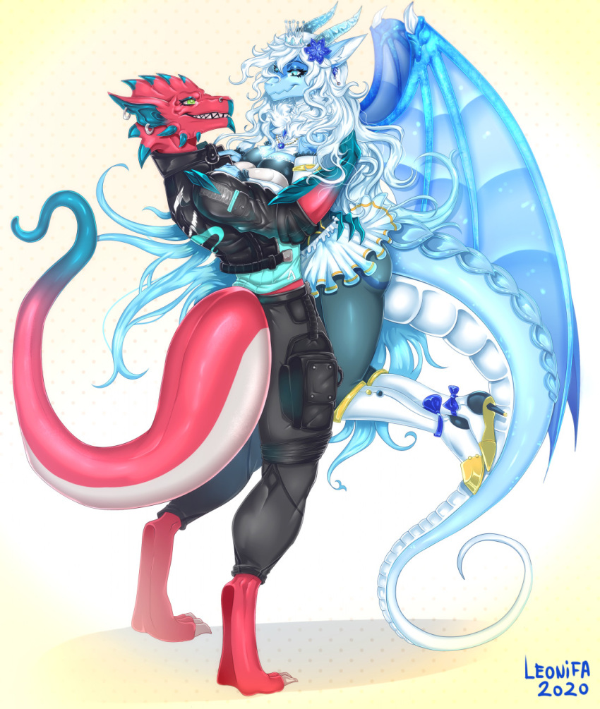 anthro big_breasts blue_body blue_eyes blue_scales breasts claws clothed clothing digital_media_(artwork) dragon duo face_to_face female green_eyes hair hi_res holding_(disambiguation) horn leonifa membrane_(anatomy) red_body red_scales reptile scales scalie simple_background smile wings
