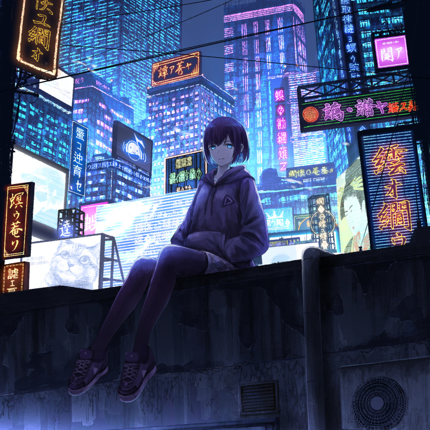 1girl backlighting black_hair black_legwear blue_eyes bob_cut building cat city city_lights dark earrings gensuke_(ryun) hands_in_pockets highres hood hoodie jewelry legwear_under_shorts light_smile looking_at_viewer looking_down neon_lights night original pantyhose power_lines scenery short_hair shorts sign sitting sneakrs solo