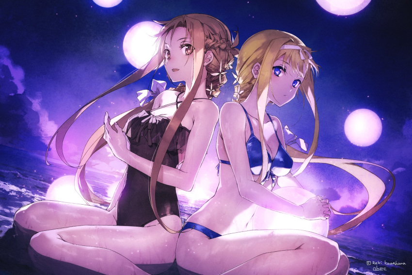 2girls abec alice_zuberg asuna_(sao) bare_arms bare_legs beach bikini bikini_bottom bikini_top black_bikini blonde_hair blue_eyes breasts brown_eyes brown_hair bunbun hairband highres long_hair looking_at_viewer multiple_girls navel one-piece_swimsuit swimsuit sword_art_online sword_art_online:_alicization white_hairband