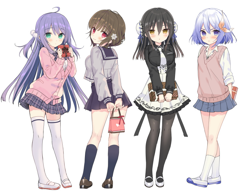 amagamine_renna black_hair blue_eyes blue_hair blush bow breast_hold brown_hair group iyori_ao kagaya_yuna kitou_ikuyo kneehighs long_hair pantyhose purple_hair red_eyes ren'ai_x_royale school_uniform shirt short_hair sketch skirt thighhighs tie twintails valentine white yellow_eyes yuuki_rika zettai_ryouiki