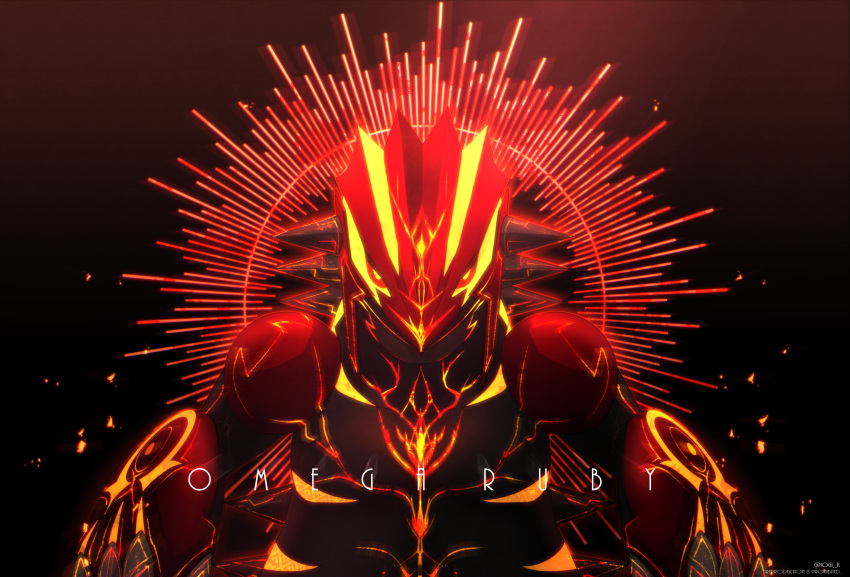 artist_name commentary copyright_name gen_3_pokemon glowing_markings groudon highres iogi_(iogi_k) legendary_pokemon looking_at_viewer no_humans pokemon pokemon_(creature) primal_groudon red_eyes repost_notice solo spikes