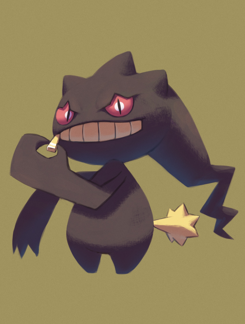 banette commentary_request full_body gen_3_pokemon highres holding looking_at_viewer no_humans pokemon pokemon_(creature) rend simple_background solo teeth zipper_pull_tab