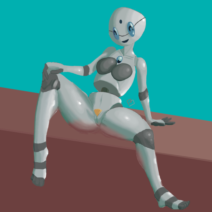 ^_^ android bald black_body black_fingers black_skin blue_background blue_eyes blue_gem disboard disboard_mascot discord_(app) eyes_closed feet female fozuna full-length_portrait happy hi_res humanoid latex_skin leaning leaning_back machine mascot metal metal_skin metallic_body nude pinup portrait pose pubes red_background robot simple_background sitting smile smooth_skin solo spread_legs spreading toes white_body white_skin