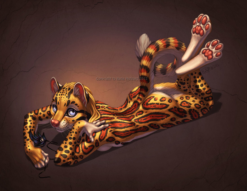 blonde_hair blue_eyes breasts cheetah feline female hair kiety looking_at_viewer lying mammal necklace nude ocelot on_stomach paws pink_nose shadow-wolf short_hair simple_background solo spots watermark whiskers wolf-nymph