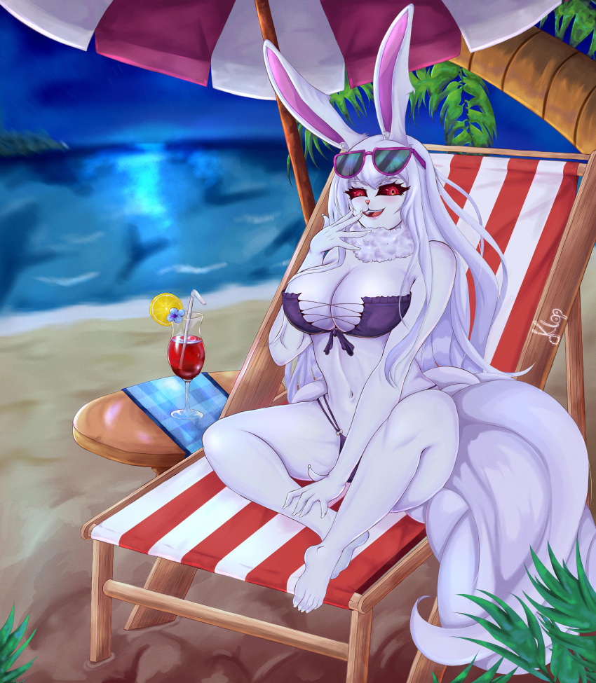 alcohol anthro beach beach_chair beach_umbrella beverage big_breasts bikini black_sclera breasts carrot_(one_piece) clothing cocktail eyewear eyewear_on_head female fur hair hi_res klopsiak night one_piece palm_tree plant red_eyes seaside solo sulong_carrot sunglasses sunglasses_on_head swimwear tree white_body white_fur white_hair