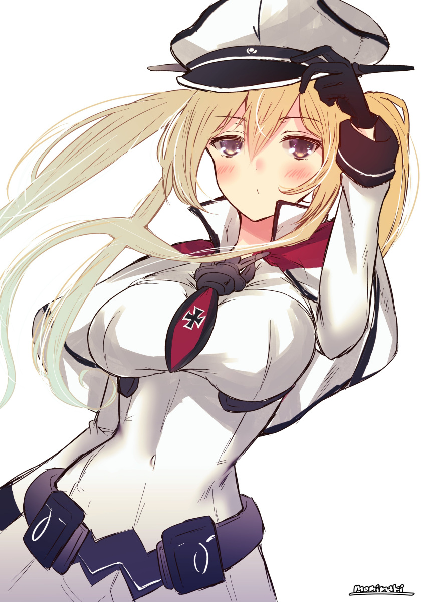 1girl absurdres black_gloves blonde_hair breasts brown_eyes capelet commentary_request cowboy_shot gloves graf_zeppelin_(kancolle) hair_between_eyes hat highres iron_cross kantai_collection large_breasts military military_uniform momiji_(103) peaked_cap sidelocks simple_background solo twintails uniform white_background