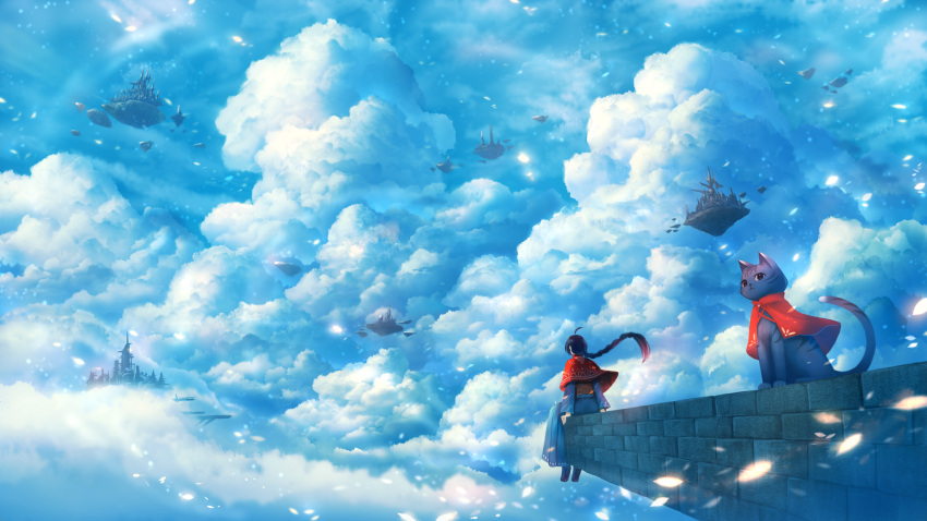 1girl ahoge black_hair braid capelet cat city cloud cloudy_sky dress fantasy floating_island from_behind highres ledge light_particles long_hair looking_afar original sakimori_(hououbds) scenery single_braid sitting sky wind