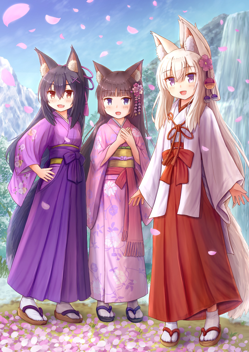 3girls :d animal_ear_fluff animal_ears bangs black_footwear black_hair blue_eyes blue_sky blush brown_eyes brown_footwear brown_hair cat_ears cherry_blossoms commentary_request day eyebrows_visible_through_hair fang floral_print flower fox_ears fox_girl fox_tail hair_between_eyes hair_flower hair_ornament hairclip hakama hand_on_hip hands_together hands_up highres iroha_(iroha_matsurika) japanese_clothes kimono long_hair long_sleeves miko mountain multiple_girls obi open_mouth original outdoors own_hands_together pink_flower pink_kimono print_kimono purple_eyes purple_hakama red_hakama sash sky sleeves_past_wrists smile socks standing tabi tail very_long_hair water waterfall white_hair white_kimono white_legwear wide_sleeves x_hair_ornament zouri