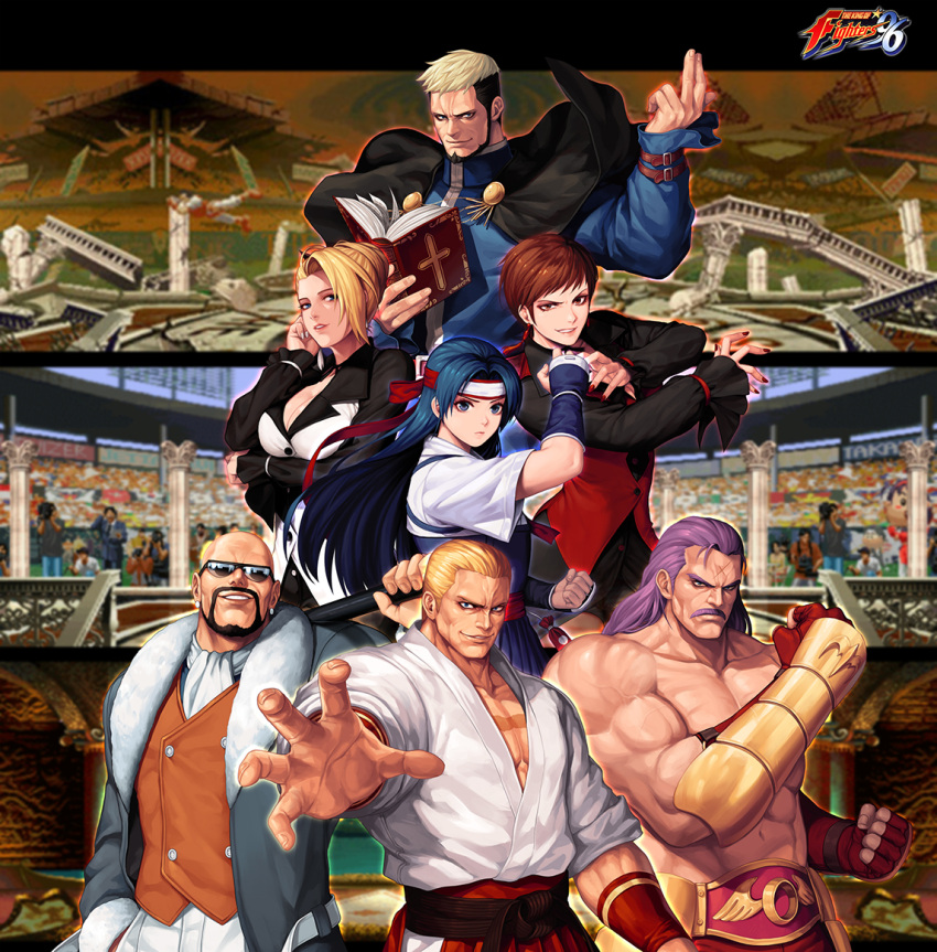 3girls 4boys abs aikidou arm_at_side arm_guards aura bald bangs bare_pecs beard belt bible black-framed_eyewear black_capelet black_dress black_hair blonde_hair blue_eyes blue_hair blue_hakama book breasts brown_eyes brown_hair brown_vest buttons capelet championship_belt choker claw_pose cleavage clenched_hand clenched_hands closed_mouth coat collarbone commentary_request copyright_name cravat cross_scar dougi dress earrings evilgun facial_hair fatal_fury fighting_stance fingerless_gloves fingernails fur-trimmed_coat fur_trim geese_howard gloves goenitz grey_coat grin hair_bun hakama hand_in_pocket hand_up hands_up headband high_collar holding holding_book holding_stick holding_weapon japanese_clothes jewelry lips logo long_hair long_sideburns long_sleeves looking_at_viewer male_cleavage mature_(kof) medium_breasts mr_big_(snk) multicolored_hair multiple_boys multiple_girls muscular muscular_male mustache nail_polish navel open_book open_clothes open_coat outstretched_arm over_shoulder pants parted_bangs parted_lips pectorals priest purple_hair red_gloves red_hakama red_nails ryuuko_no_ken scar scar_on_forehead serious shiny shiny_hair shiny_skin shirtless short_hair short_sleeves shorts skirt smile smirk stick stomach sunglasses teeth the_king_of_fighters the_king_of_fighters_'96 tied_hair toudou_kasumi two-tone_hair veins vest vice_(kof) weapon weapon_over_shoulder white_nails white_pants wolfgang_krauser