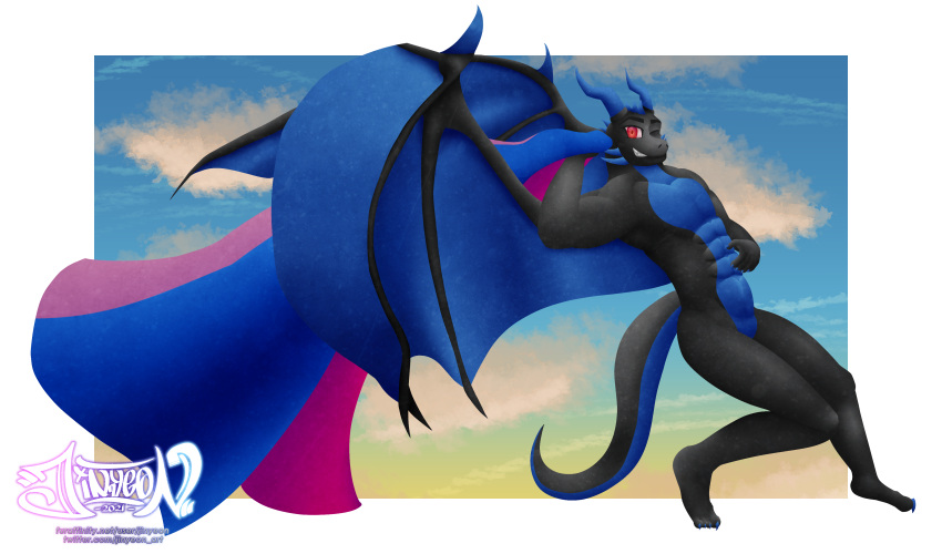 4_toes 5_fingers abs absurd_res alpha_channel anthro bhill biceps bisexual_pride_colors black_body black_scales black_wings blue_body blue_claws blue_horn blue_scales blue_wings claws digital_media_(artwork) dragon eyebrows featureless_crotch feet finger_claws fingers flag flexing grin hand_on_stomach head_horn hi_res holding_flag holding_object horn jinyeon lgbt_pride looking_at_viewer male membrane_(anatomy) membranous_wings multi_horn multicolored_body multicolored_scales muscular muscular_anthro muscular_male nude one_eye_closed pecs pride_colors pupils red_eyes red_pupils scales scalie sharp_horn simple_background sinuous_horn smile solo spread_wings toe_claws toes triceps two_tone_body two_tone_scales two_tone_wings wing_claws wings wink