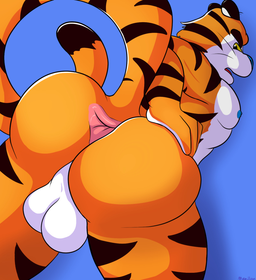 anal_stretching anthro balls big_balls blue_nipples butt felid frosted_flakes genitals hi_res kellogg's male mammal mascot mazilion muscular muscular_anthro muscular_male nipples pantherine solo spread_butt spreading stripes tiger tony_the_tiger