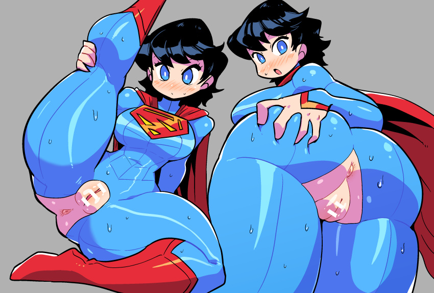 1girl :o absurdres anus ass ass_grab black_hair blue_bodysuit blue_eyes blush blush_stickers bodysuit bodysuit_under_clothes boots breasts bright_pupils cape crotch_cutout dc_comics from_behind genderswap genderswap_(mtf) grabbing_own_ass grey_background highres large_breasts leg_up looking_at_viewer looking_back multiple_views nose_blush open_mouth pussy rariatto_(ganguri) red_cape red_footwear short_hair simple_background skin_tight superhero superman superman_(series) sweat thick_thighs thighs white_pupils