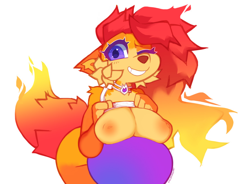 2021 absurd_res anthro anthrofied breast_rest breasts canid canine elemental_creature exposed_breasts female fire fire_creature firefox fox fur grin hi_res hiccupsdoesart looking_at_viewer mammal mascot one_eye_closed orange_body orange_fur purple_eyes smile solo
