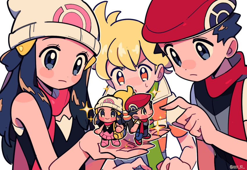 2girls 4boys bangs barry_(pokemon) beanie black_hair blonde_hair blush blush_stickers chibi chueog dawn_(pokemon) eyelashes green_scarf grey_eyes hair_ornament hairclip hat holding long_hair lucas_(pokemon) multiple_boys multiple_girls nose_blush orange_eyes pokemon pokemon_(game) pokemon_bdsp pokemon_dppt red_scarf scarf short_hair short_sleeves simple_background sparkle spiked_hair sweatdrop white_background white_headwear