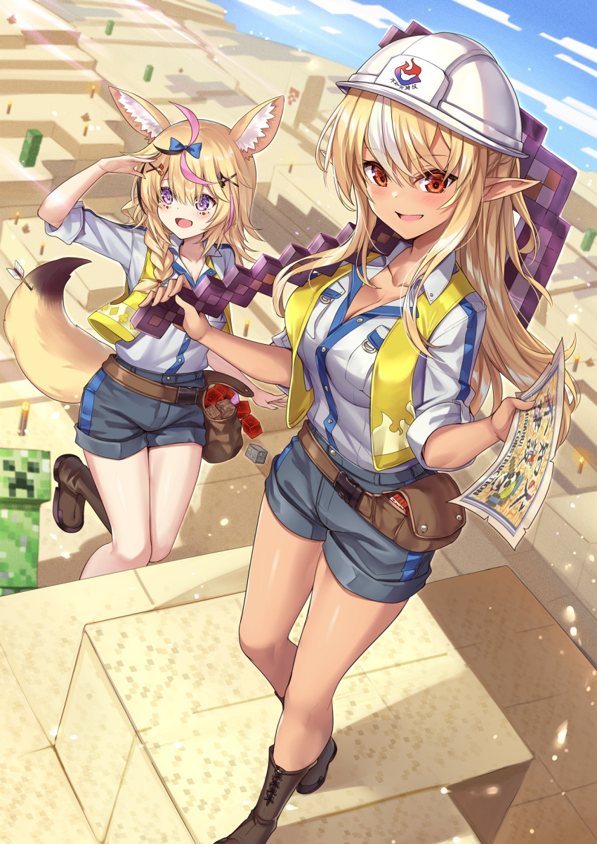 1other 2girls animal_ear_fluff animal_ears arrow_(projectile) black_hair blonde_hair blue_bow blue_sky blush boots bow braid breasts brown_footwear cactus collarbone collared_shirt creeper desert eyebrows_visible_through_hair hair_bow hair_ornament hairclip hand_on_own_head hardhat helmet highres holding holding_map holding_pickaxe hololive ks_(xephyrks) long_hair map medium_breasts minecraft multicolored_hair multiple_girls omaru_polka open_mouth orange_eyes outdoors pickaxe pointy_ears purple_eyes shiranui_flare shirt short_shorts shorts sky smile streaked_hair tail tnt vest white_hair white_headwear white_shirt yellow_vest