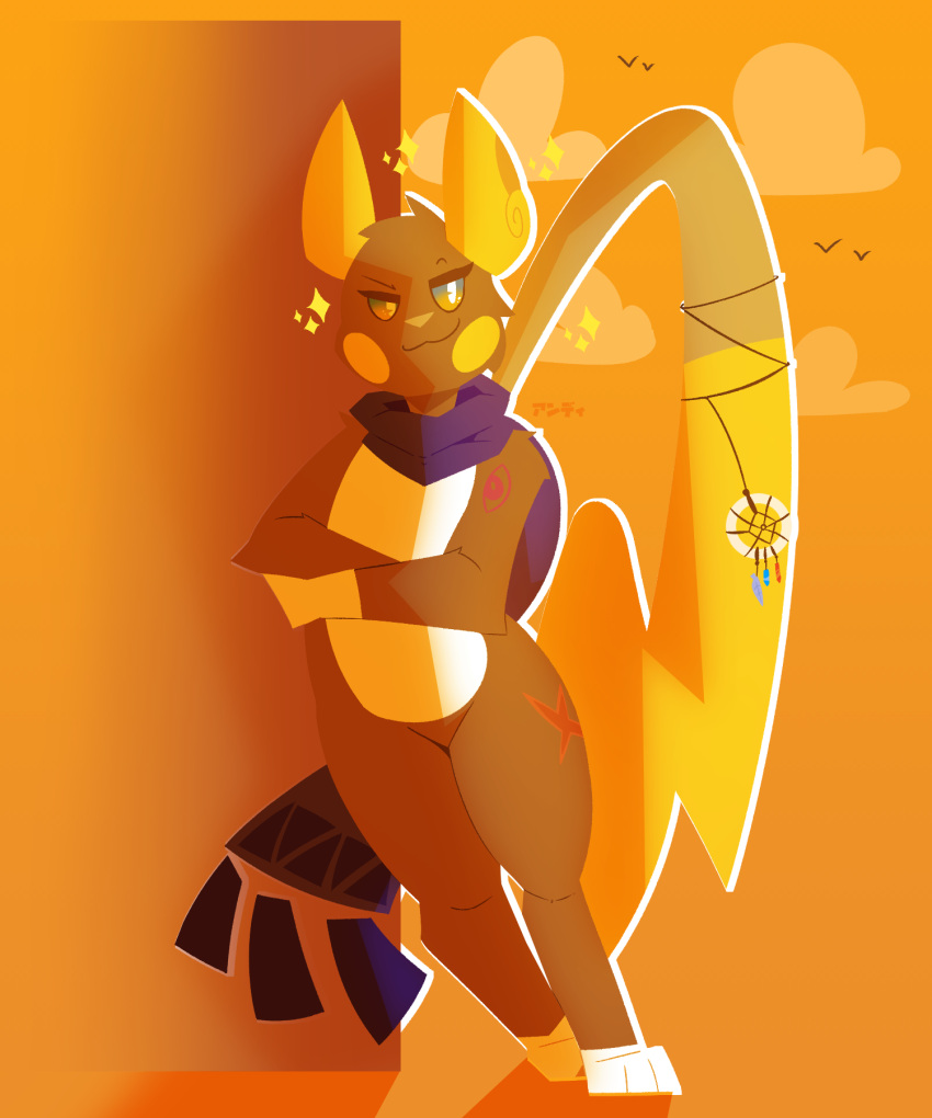 2021 3_toes 5:6 accessory against_wall alolan_raichu anthro blue_sclera brown_body brown_fur crossed_arms feet female front_view fur furgonomics gradient_sclera hi_res leaning leaning_on_wall long_scarf long_tail looking_at_viewer mammal murid nintendo pie_cut_eyes pok&eacute;mon pok&eacute;mon_(species) purple_scarf regional_form_(pok&eacute;mon) rodent scarf skweekers smile smirk smug solo standing tail_accessory toes video_games white_body white_eyes white_fur yellow_body yellow_cheeks yellow_fur yellow_sclera