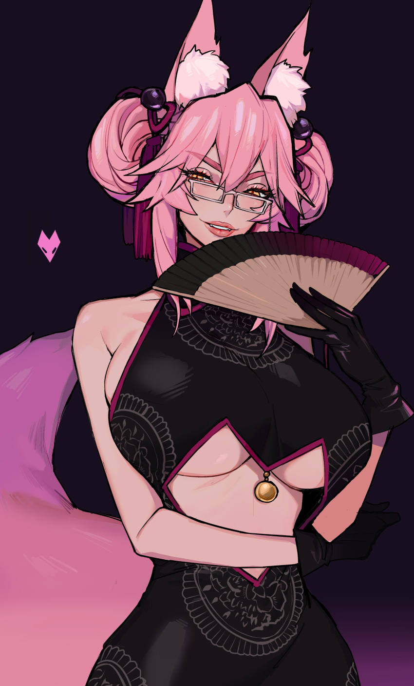 absurdres animal_ear_fluff animal_ears black_gloves bow breasts center_opening china_dress chinese_clothes double_bun dress ennuigrl eyebrows_visible_through_hair fan fate/grand_order fate_(series) folding_fan fox_ears glasses gloves hair_between_eyes hair_bow hair_ornament highres koyanskaya_(fate) large_breasts looking_at_viewer pink_hair simple_background sleeveless sleeveless_dress yellow_eyes