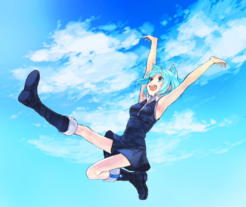 1girl :d animal_ears aqua_hair arms_up bangs black_dress black_footwear blue_sky boots breasts cat_ears cloud dress eyebrows_visible_through_hair floating highres knee_boots nanami_ao open_mouth short_hair sky sleeveless sleeveless_dress smile solo wattaro yozakura_quartet