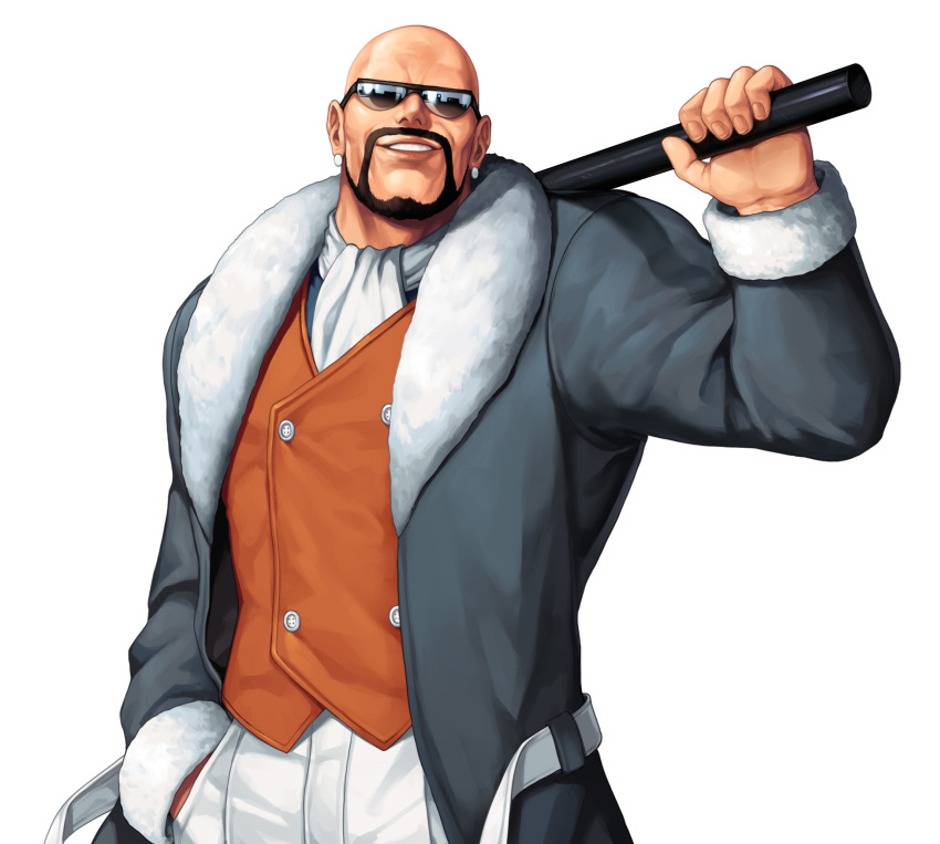 1boy bald beard black-framed_eyewear brown_vest coat commentary_request cowboy_shot cravat earrings evilgun facial_hair fingernails fur-trimmed_coat fur_trim grey_coat grin hand_in_pocket hand_up highres holding holding_stick holding_weapon jewelry lips long_sleeves looking_at_viewer male_focus mr_big_(snk) mustache open_clothes open_coat over_shoulder pants ryuuko_no_ken simple_background smile solo standing stick sunglasses teeth the_king_of_fighters the_king_of_fighters_'96 vest weapon weapon_over_shoulder white_background white_pants