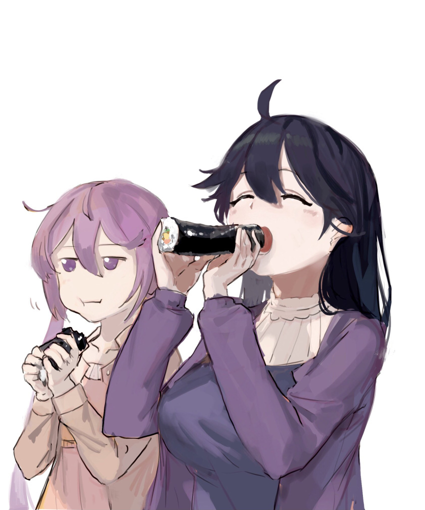 2girls ahoge akebono_(kancolle) bell black_hair brown_coat brown_eyes closed_eyes coat eating ehoumaki flower food hair_bell hair_flower hair_ornament highres jingle_bell kantai_collection long_hair lynchis makizushi multiple_girls negative_space official_alternate_costume purple_coat purple_eyes purple_hair side_ponytail simple_background sushi upper_body ushio_(kancolle) very_long_hair white_background