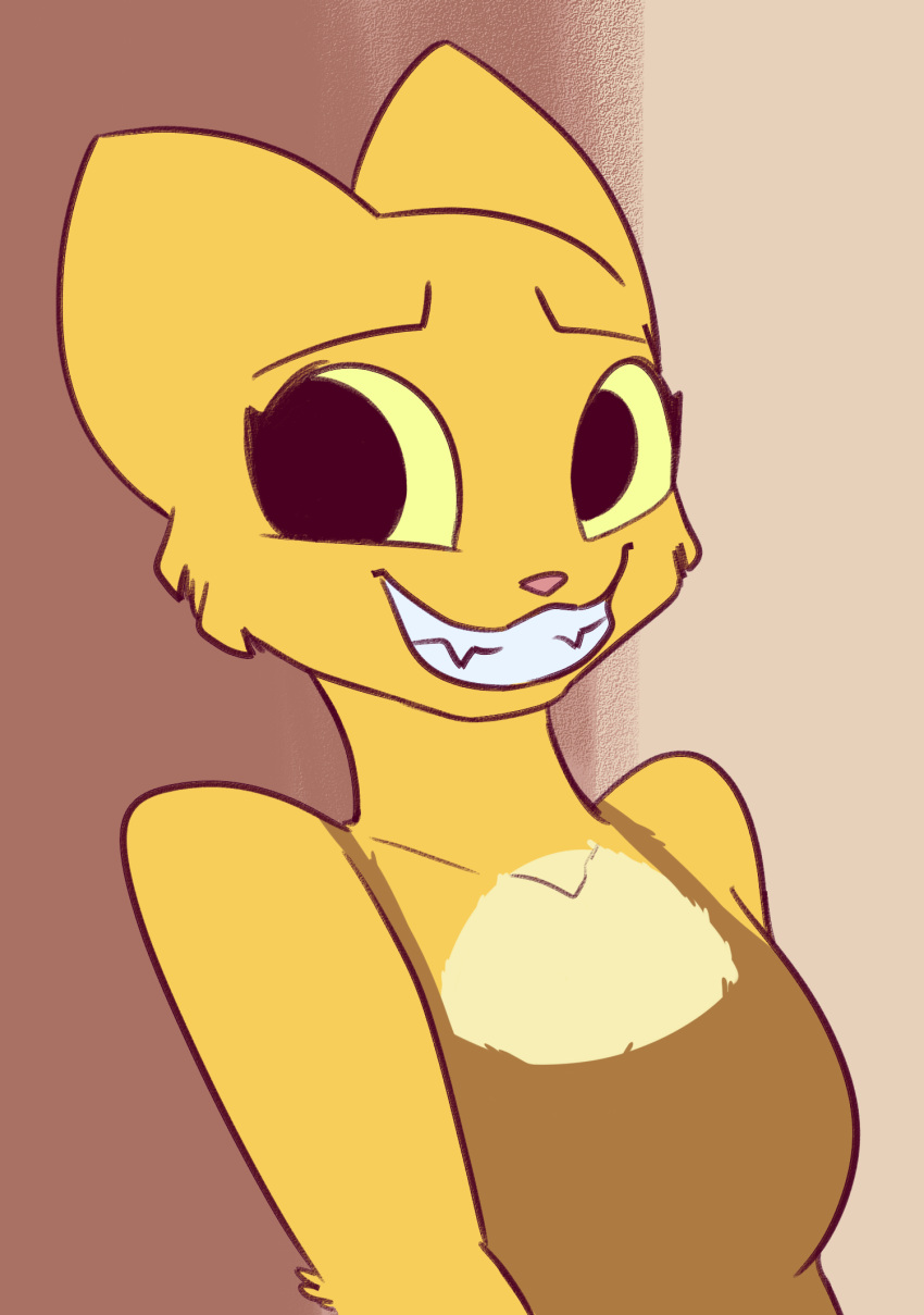 anthro arm_tuft bethesda_softworks bust_portrait cheek_tuft elbow_tufts facial_tuft felid female fur goattrain grin hi_res katia_managan khajiit mammal pink_nose portrait prequel simple_background smile solo the_elder_scrolls tuft video_games webcomic yellow_body yellow_fur yellow_sclera