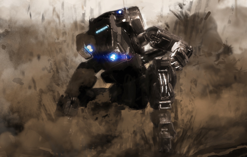 blue_eyes bt-7274 clenched_hand explosion glowing glowing_eye kneeling looking_to_the_side mecha no_humans one-eyed one_knee science_fiction solo spot_color titanfall_(series) titanfall_2 ylmi