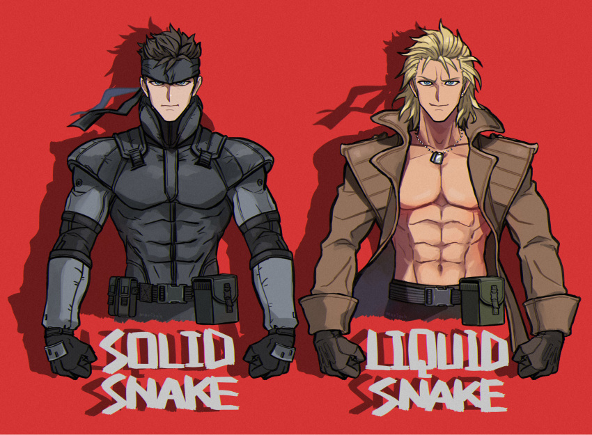 2boys abs bandana belt belt_pouch black_gloves blonde_hair blue_eyes brothers brown_gloves brown_hair character_name chromatic_aberration coat collarbone different_shadow dog_tags film_grain gloves highres jewelry liquid_snake long_sleeves looking_at_viewer male_focus mayuzumi metal_gear_(series) metal_gear_solid multiple_boys pouch red_background serious shirtless short_hair siblings simple_background single_earring smirk solid_snake