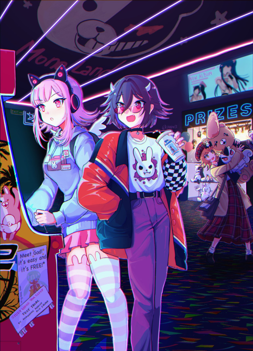 1girl 2boys :d :o alternate_costume animal_ear_legwear animal_ears animal_print arcade arcade_cabinet artist_name backpack bag bangs black_choker black_hair black_jacket bow breasts brown_coat bunny_print cat_ear_headphones cele_(310v3) character_doll character_print checkered choker coat cup danganronpa:_trigger_happy_havoc danganronpa_(series) danganronpa_2:_goodbye_despair danganronpa_v3:_killing_harmony disposable_cup drinking_straw english_commentary english_text eyebrows_visible_through_hair fake_animal_ears fake_wings fang feet_out_of_frame flipped_hair fujisaki_chihiro hair_between_eyes harukawa_maki headphones highres holding holding_cup hood hood_down hoodie horns ishimaru_kiyotaka jacket knees_together_feet_apart leaning_back long_skirt long_sleeves maizono_sayaka medium_breasts medium_hair miniskirt momota_kaito monokuma monomi_(danganronpa) multicolored multicolored_clothes multicolored_jacket multiple_boys nanami_chiaki oowada_mondo open_clothes open_jacket open_mouth otoko_no_ko ouma_kokichi pants pink_eyes pink_hair pink_legwear pink_pants pink_skirt plaid plaid_skirt playing_games pompadour red_jacket saihara_shuuichi shirogane_tsumugi shirt shirt_tucked_in short_hair skirt smile standing striped striped_legwear stuffed_animal stuffed_squirrel stuffed_toy sunglasses teddy_bear teeth thighhighs usami_(danganronpa) wings yonaga_angie