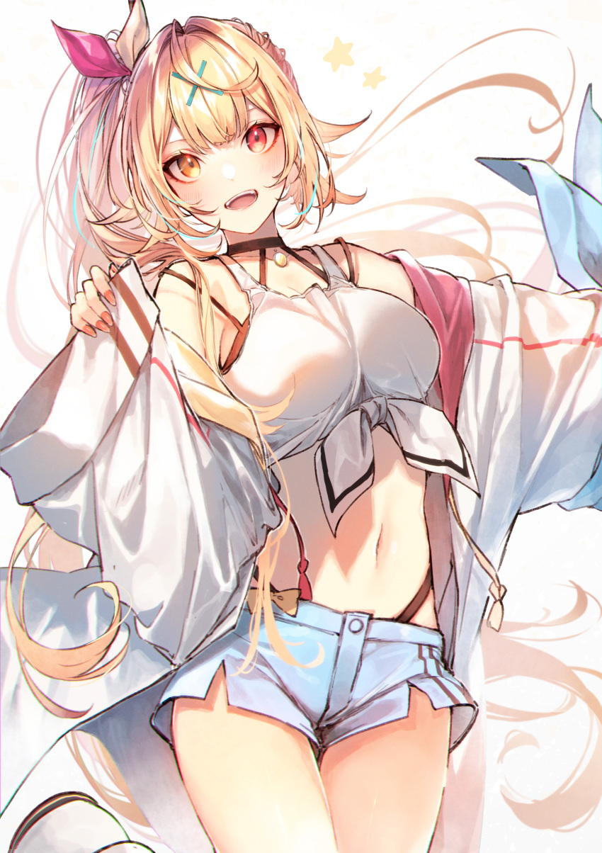 1girl absurdres blonde_hair blue_shorts breasts eyebrows_visible_through_hair front-tie_top hair_ornament hair_ribbon heterochromia highleg highleg_panties highres hoshikawa_sara jacket kuwashima_rein large_breasts long_hair looking_at_viewer navel nijisanji off_shoulder open_mouth panties panty_straps ribbon shirt shorts side_ponytail solo tank_top tied_shirt underwear virtual_youtuber white_background white_jacket white_tank_top x_hair_ornament