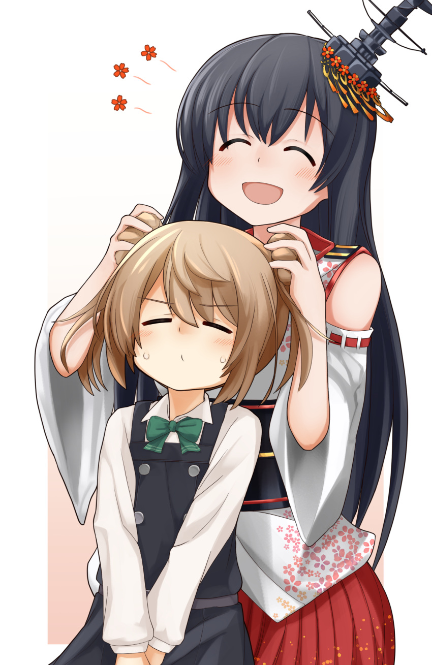 2girls black_dress black_hair closed_eyes detached_sleeves double_bun dress epaulettes floral_print fusou_(kancolle) hair_bun hair_ornament highres japanese_clothes kantai_collection light_brown_hair long_hair long_sleeves michishio_(kancolle) multiple_girls nontraditional_miko pinafore_dress remodel_(kantai_collection) shirt short_twintails sleeveless sleeveless_dress twintails white_shirt yotubawatane