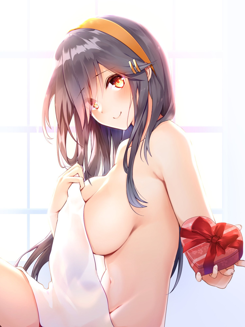 1girl blush breasts candy chocolate chocolate_heart closed_mouth collarbone food from_side gold_headband hair_ornament hairclip haruna_(kancolle) heart highres indoors kantai_collection large_breasts long_hair looking_at_viewer naked_towel orange_eyes sidelocks sitting solo towel tsukui_kachou valentine