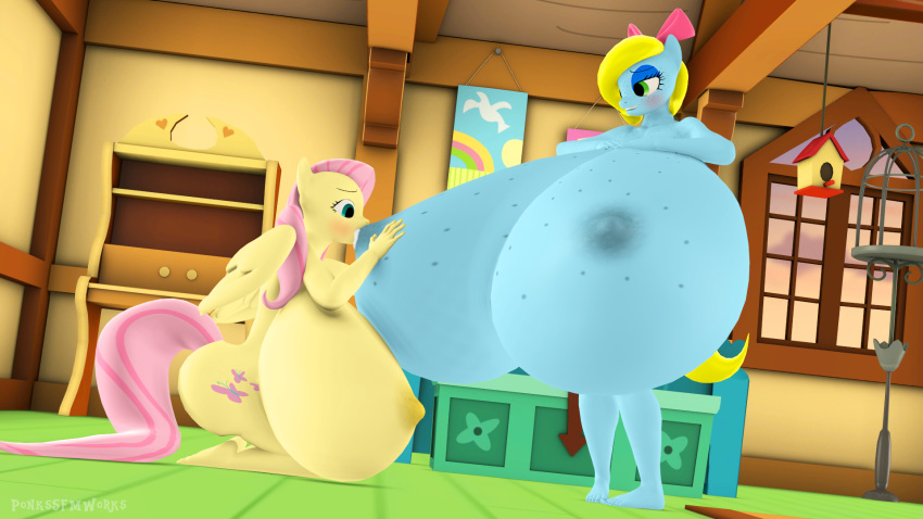 16:9 3d_(artwork) anthro anthrofied barefoot big_breasts blush bodily_fluids breast_size_difference breastfeeding breasts digital_media_(artwork) duo equid equine female female/female fluttershy_(mlp) friendship_is_magic hasbro hi_res huge_breasts hyper hyper_breasts kneeling lactating mammal my_little_pony nipples nude pegasus pinkierawr widescreen wings