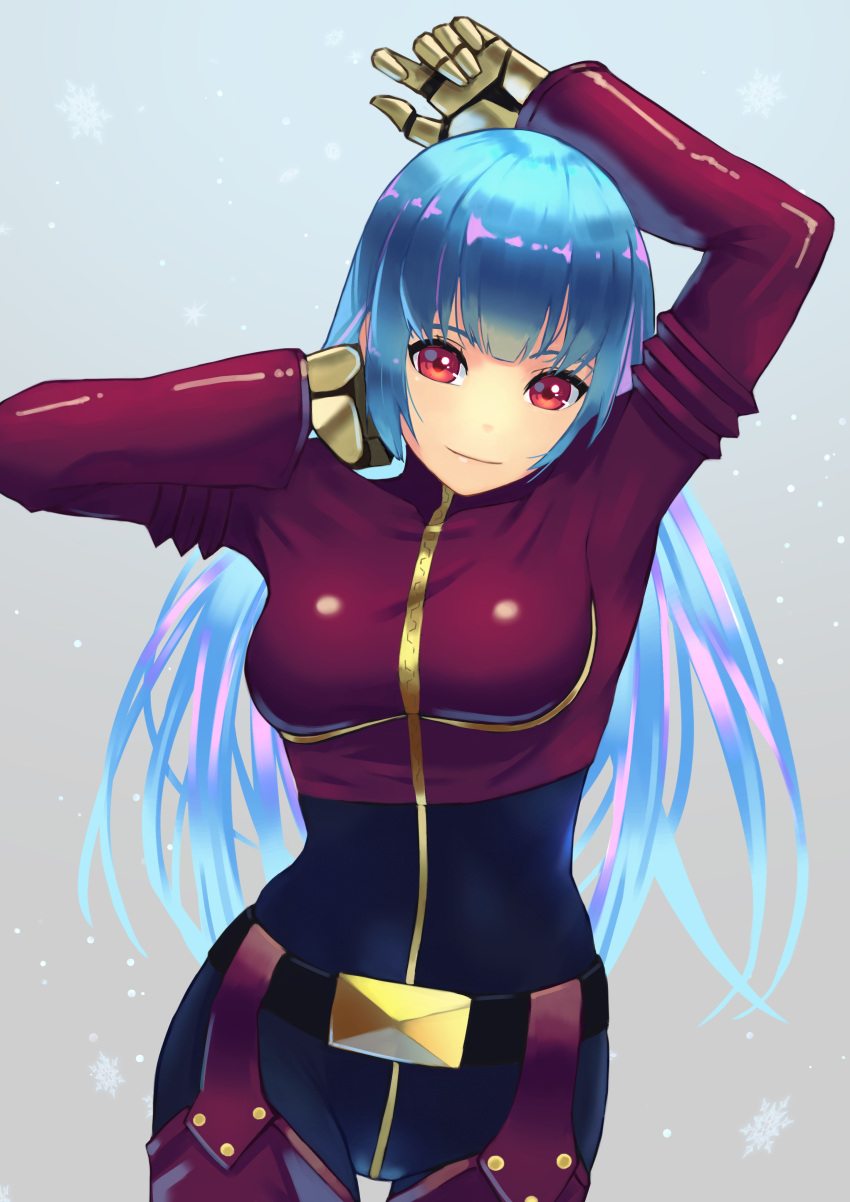 1girl absurdres bangs belt blue_hair bodysuit breasts gloves highres kula_diamond kurai_munio long_hair looking_at_viewer medium_breasts purple_eyes simple_background skin_tight smile the_king_of_fighters white_background zipper