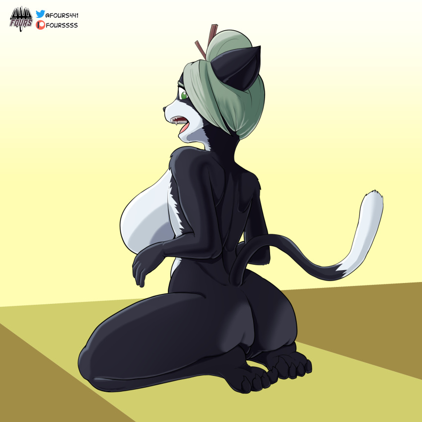 2020 accessory anthro big_breasts bittersweet_candy_bowl black_body black_fur breasts butt domestic_cat felid feline felis female fours_(artist) fur green_eyes hair hair_accessory hi_res jasmine_(bcb) kneeling looking_back mammal nude solo webcomic webcomic_character white_hair