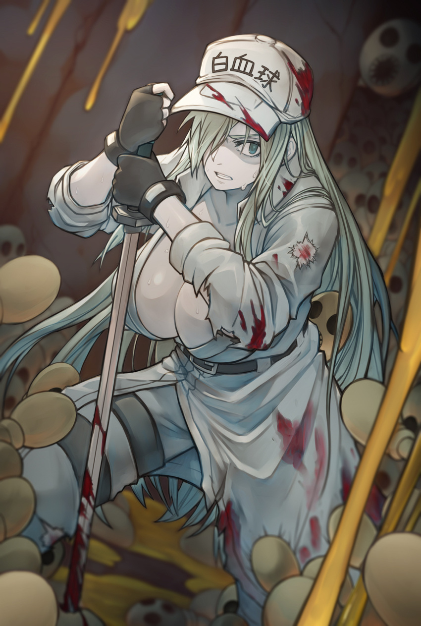 1girl animal_band baseball_cap blood bloody_clothes blue_eyes breasts bruise cero320 cleavage colored_skin hair_over_one_eye hat hataraku_saibou hataraku_saibou_black highres holding holding_sword holding_weapon injury katana large_breasts neutrophil planted_sword planted_weapon solo sword torn_clothes u-1196 weapon white_blood_cell_(hataraku_saibou) white_hair white_skin white_uniform