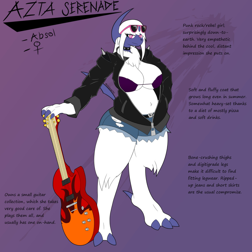 1:1 absol anthro azta_serenade belt big_breasts bra breasts claws clothing eyewear female finger_claws fur grey_body guitar hair hi_res horn jacket looking_at_viewer musical_instrument nintendo pink_eyes plucked_string_instrument pok&eacute;mon pok&eacute;mon_(species) semi-anthro solo standing string_instrument sunglasses text thick_thighs toe_claws topwear torn_clothing underwear video_games vvmilotic white_body white_fur
