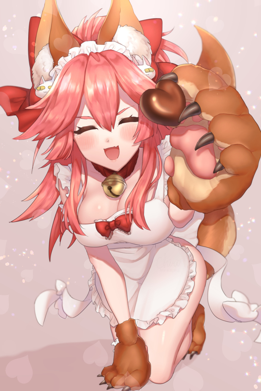 1girl absurdres animal_ear_fluff animal_ears apron bangs bare_shoulders bell blush bow breasts candy cat_hair_ornament chiri_214 chocolate chocolate_heart cleavage closed_eyes collar fate/extra fate/grand_order fate_(series) food fox_ears fox_girl fox_tail frills hair_between_eyes hair_bow hair_ornament heart highres jingle_bell kneeling large_breasts long_hair naked_apron neck_bell open_mouth outstretched_arm pink_hair ponytail red_bow sideboob sidelocks smile tail tamamo_(fate)_(all) tamamo_cat_(fate) thighhighs thighs white_apron white_legwear