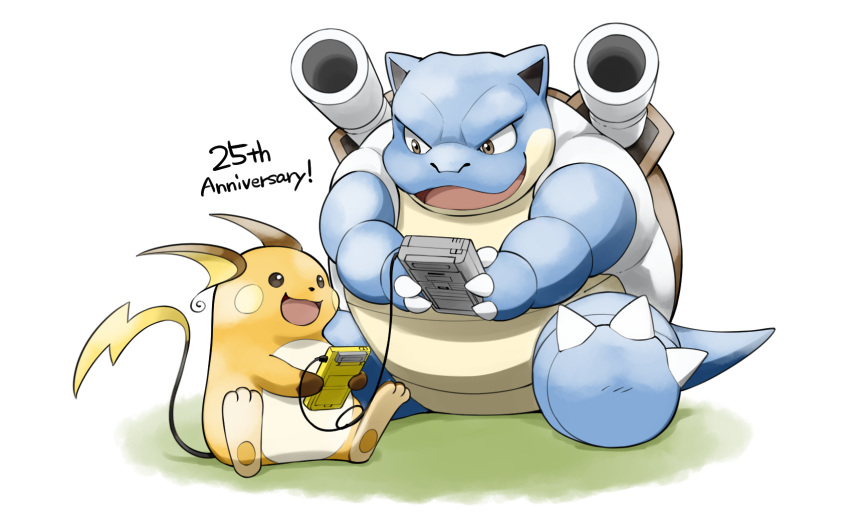 2021 biped blastoise blue_body duo game_boy game_boy_family gaming hi_res kemono kinoshita-jiroh nintendo orange_body overweight playing_videogame pok&eacute;mon pok&eacute;mon_(species) raichu simple_background sitting video_games