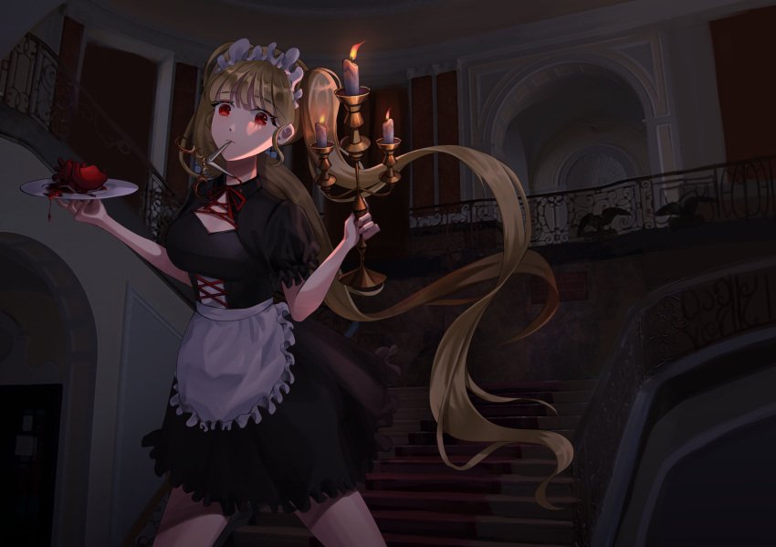 1girl absurdres apron artist_request black_dress blonde_hair blood candelabra candle dark dress heart_(organ) highres holding holding_plate indoors juliet_sleeves long_sleeves looking_at_viewer maid maid_apron maid_headdress original plate puffy_sleeves railing red_eyes short_dress short_sleeves stairs twintails vampire