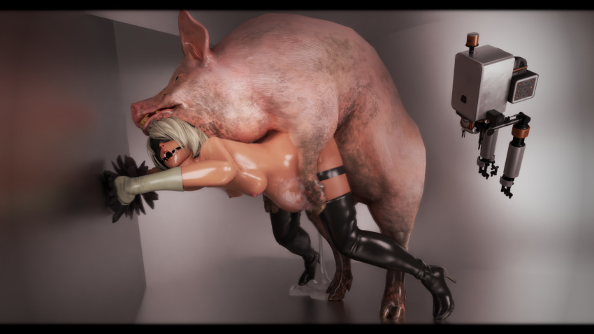 3d_(artwork) abdominal_bulge android bent_over bestiality blindfold bodily_fluids boots breasts censored clothing cum cum_drip cum_inflation cum_inside cum_pool digital_media_(artwork) dirty domestic_pig dripping female feral footwear from_behind_position gag genital_fluids gloves hair handwear hi_res hooves inflation internal legwear machine male male/female mammal mosaic_censorship mounting nier_automata nikotama_mk-2 nipples ring_gag robot sex standing suid suina sus_(pig) thigh_boots thigh_highs white_hair yorha_2b