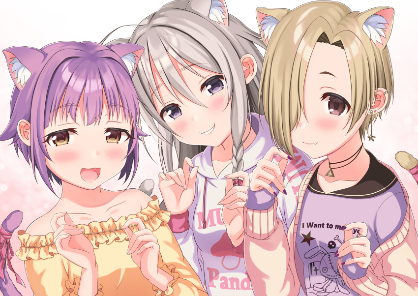 3girls :d animal_ears blonde_hair braid brown_eyes cat_ears cat_girl cat_tail collarbone earrings eyebrows_visible_through_hair food_print grey_hair hair_flaps hair_intakes hair_over_eyes highres hood hoodie hoshi_shouko idolmaster idolmaster_cinderella_girls jacket jewelry kawaii_boku_to_142's_(idolmaster) koshimizu_sachiko light_purple_hair long_hair multiple_earrings multiple_girls mushroom_print nail_polish nako_narita necklace off-shoulder_shirt off_shoulder open_mouth purple_eyes ribbon shirasaka_koume shirt short_hair simple_background smile sweater_jacket t-shirt tail tail_ornament tail_ribbon white_background