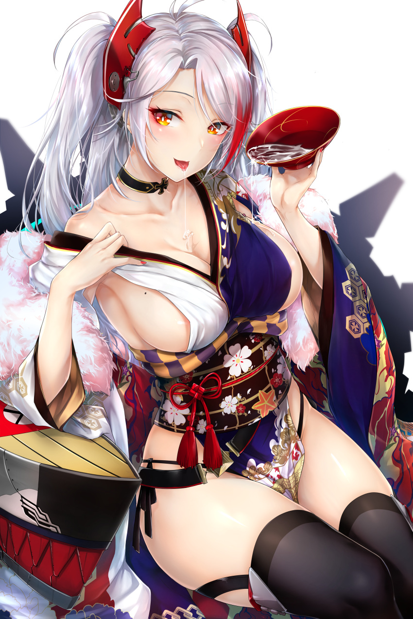 azur_lane japanese_clothes no_bra pantsu prinz_eugen_(azur_lane) rei_kun sake string_panties thighhighs transparent_png wet