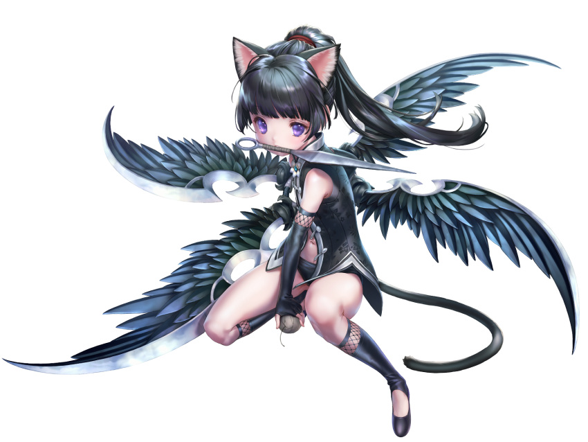 1girl adashi_makoto animal_ear_fluff animal_ears artist_request black_footwear black_gloves black_hair black_legwear black_panties black_shirt bomb cat_ears cat_tail elbow_gloves elin fingerless_gloves gloves highres huge_weapon kneehighs legs long_hair mouth_hold ninja_(tera_online) no_pants panties pink_eyes ponytail shirt shoes shuriken sleeveless sleeveless_shirt solo squatting tail tera_online thighs toeless_legwear transparent_background underwear weapon