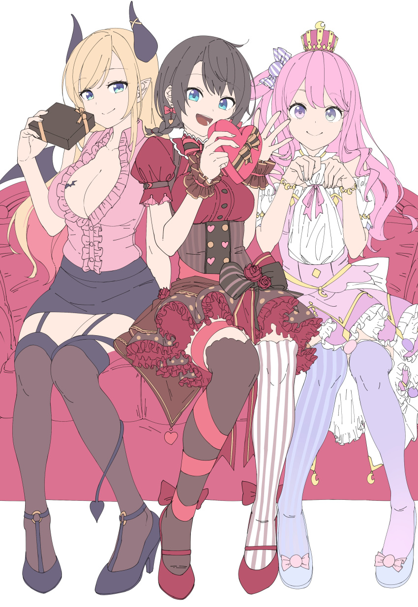 3girls absurdres alternate_costume alternate_hairstyle bat_tattoo blonde_hair blue_eyes bracelet breasts candy_hair_ornament cleavage corset couch crown demon_girl demon_horns demon_wings dress earrings eyebrows_visible_through_hair food_themed_hair_ornament frilled_skirt frills garter_straps gift hair_ornament heart_button highres himemori_luna hololive horns jewelry large_breasts long_hair looking_at_viewer mary_janes mini_crown miniskirt mismatched_legwear multiple_girls no_hat no_headwear oozora_subaru petticoat pinafore_dress pink_hair pointy_ears purple_eyes shinomu_(cinomoon) shoes short_braid short_hair skirt smile striped striped_legwear thighhighs vertical-striped_legwear vertical_stripes virtual_youtuber wings wrist_cuffs yuzuki_choco